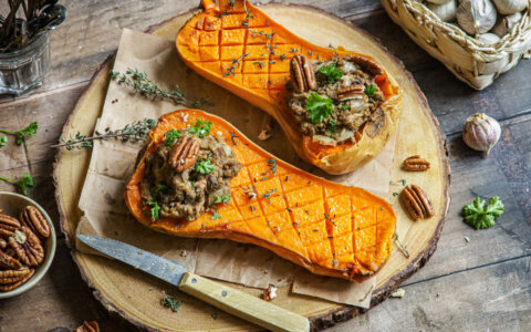 Flespompoen uit de oven met champignons en linzen